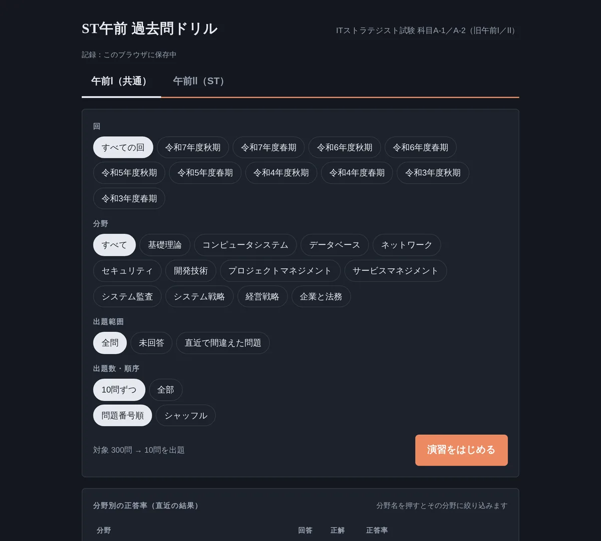 ドリルのホーム画面。午前Ⅰ／午前Ⅱのタブの下に、回（令和3〜7年度）・13分野・出題範囲・出題数と順序の選択ボタンと、「演習をはじめる」ボタンが並ぶ