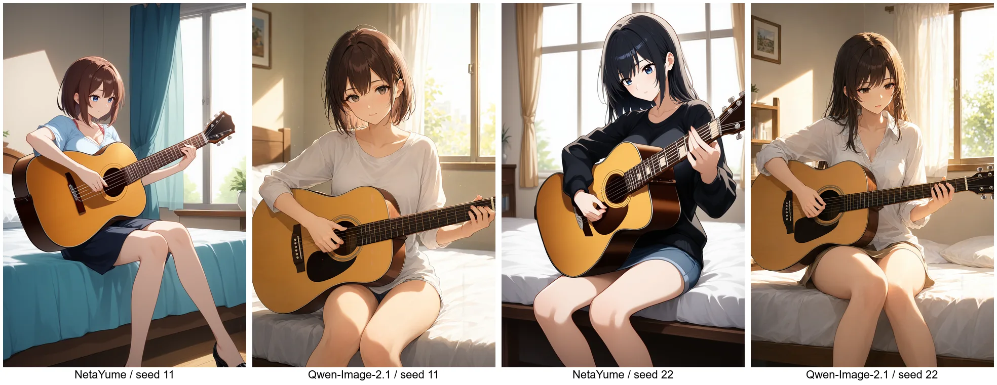 ギターを弾く比較。Qwen-Image-2.1 は左手でネックを押さえ右手でサウンドホール付近を弾いている