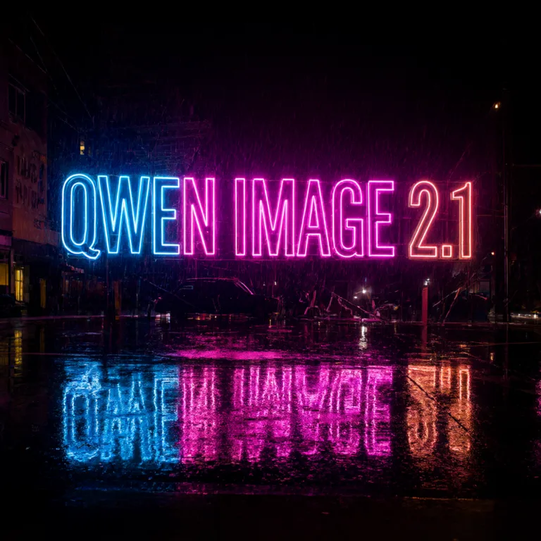 Qwen-Image-2.1 の試し生成。雨の夜のネオン看板に「QWEN IMAGE 2.1」と正しく描かれている