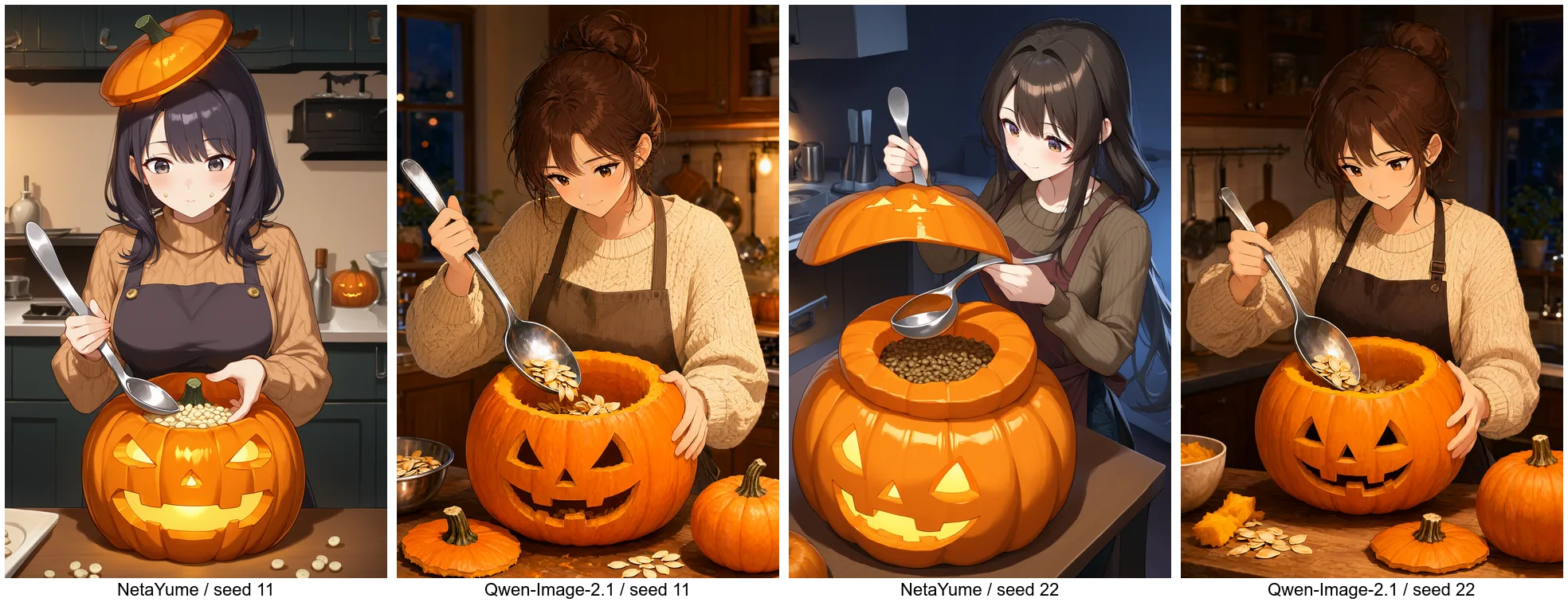 かぼちゃの比較。NetaYume はフタが頭に乗ったり宙に浮いたりし、Qwen-Image-2.1 はフタを机に置いてスプーンで種をかき出している