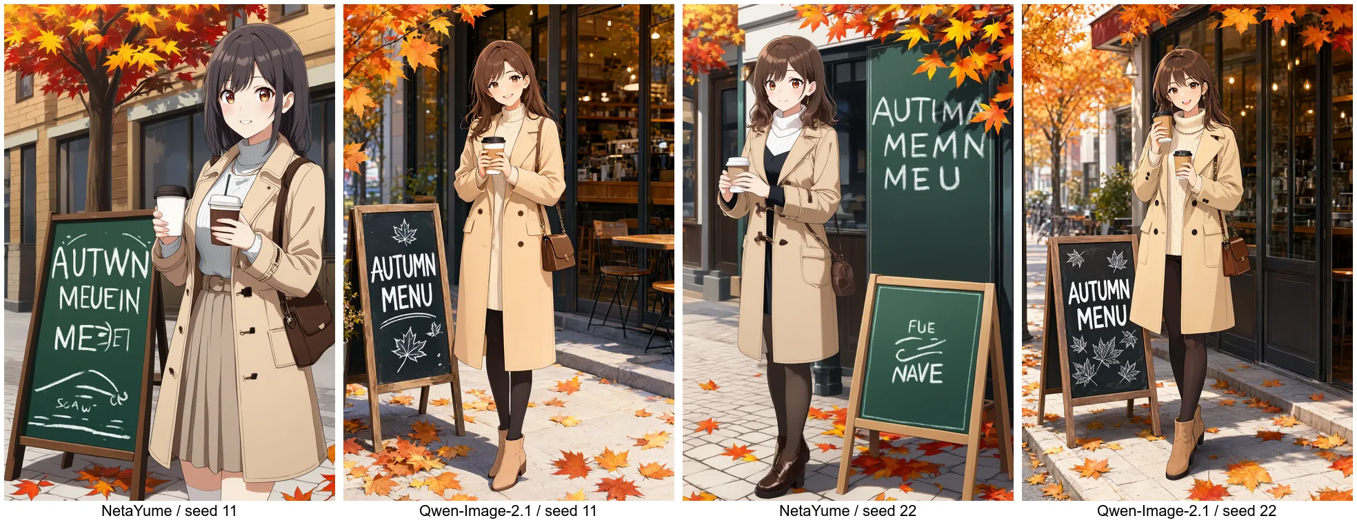 看板の比較。NetaYume は AUTWN MEUEIN などと崩れ、Qwen-Image-2.1 は2枚とも AUTUMN MENU と正しく描いている